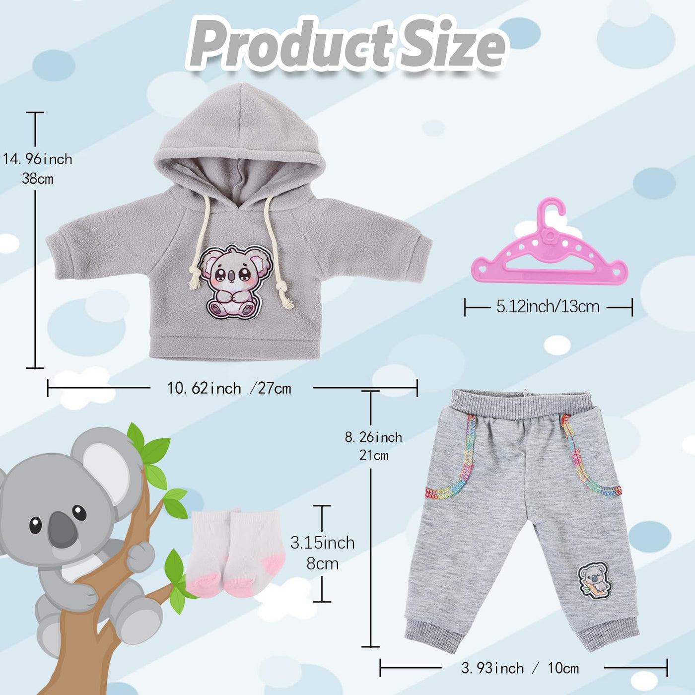 4 Stück Puppenkleidung für 14–18 Zoll große Babypuppen, 35-45cm Baby Puppen Outfits mit Koala, 43cm Süße PuppenKleidung Zubehör mit grau Koalahoodie + Hose + Socken + Kleiderbügel