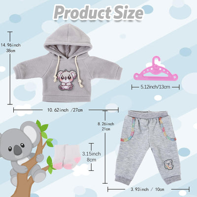 4 Stück Puppenkleidung für 14–18 Zoll große Babypuppen, 35-45cm Baby Puppen Outfits mit Koala, 43cm Süße PuppenKleidung Zubehör mit grau Koalahoodie + Hose + Socken + Kleiderbügel