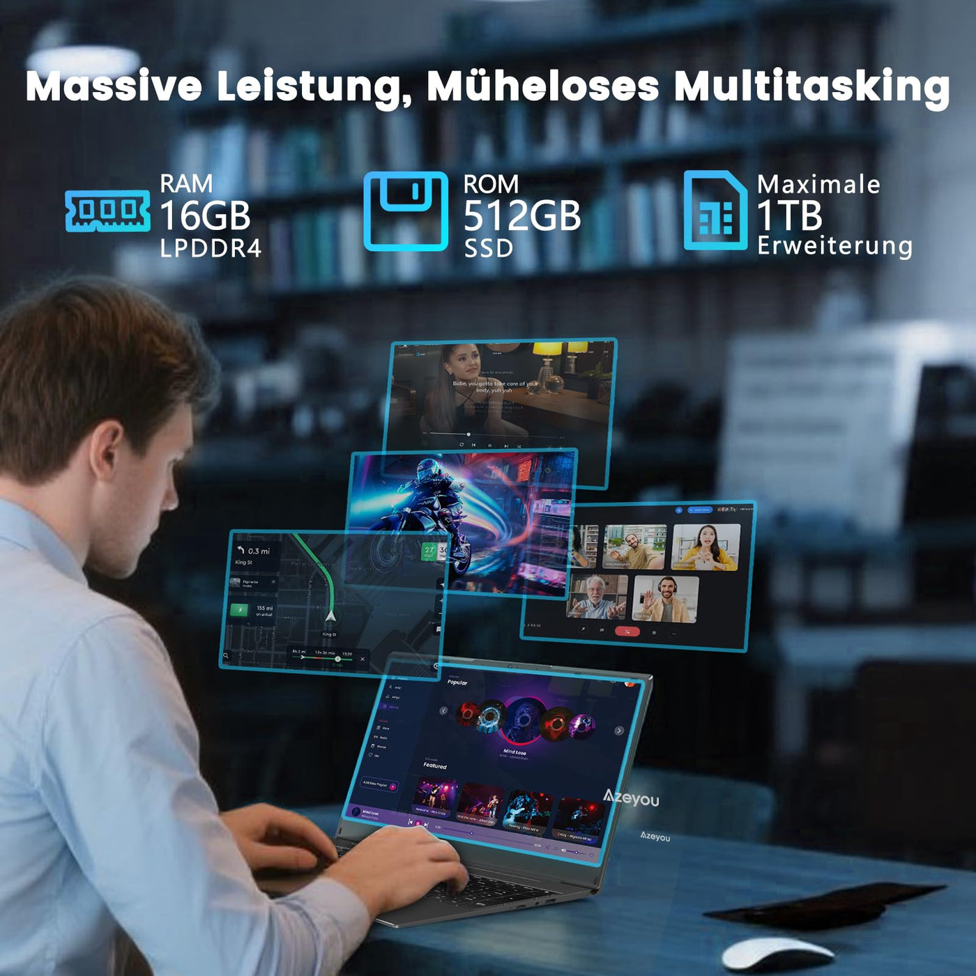 Azeyou 15,6" FHD IPS Laptop für Beruf und Studium, AMD Ryzen 3 3200U Prozessor, 16 GB RAM, 512 GB SSD, 5G WiFi, Bluetooth 5.0, Win 11 Pro, HDMI, USB-C, SD-Kartenleser, Ziffernblock, Webcam, QWERTZ