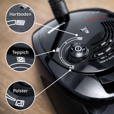 Siemens Staubsauger mit Beutel Z 3.0 extreme power VSZ3XTRM11, Bodenstaubsauger, XXL-Polsterdüse ideal für Tierhaare, Bodendüse für Parkett, Teppich, Fliesen, niedriger Stromverbrauch, 850 W, schwarz