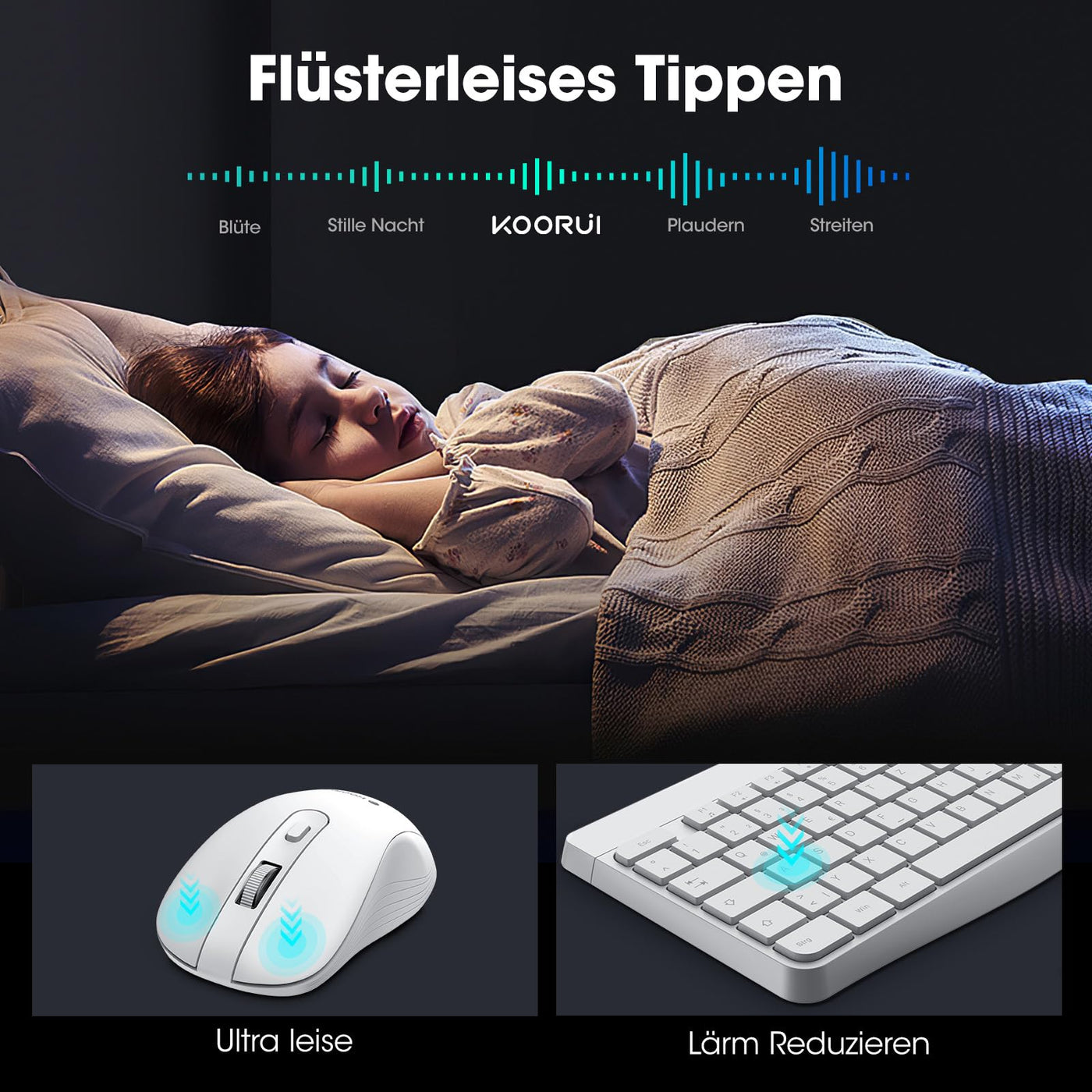 KOORUI Tastatur und Maus Kabellos, Leise Maus Tastatur Set Deutsches Layout QWERTZ mit 12 Funktionstasten 2.4 GHz Tastatur Maus Set für Windows, MacOS, Linux-Weiß (Batterie Nicht Enthalten)