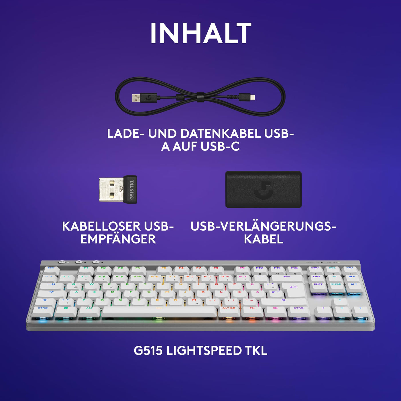 Logitech G G515 LIGHTSPEED TKL kabellose flache Gaming-Tastatur, LIGHTSYNC RGB, dünnes Profil ohne Ziffernblock, PBT-Tastenkappen, taktile mechanische Switches, Deutsches QWERTZ-Layout - Weiß
