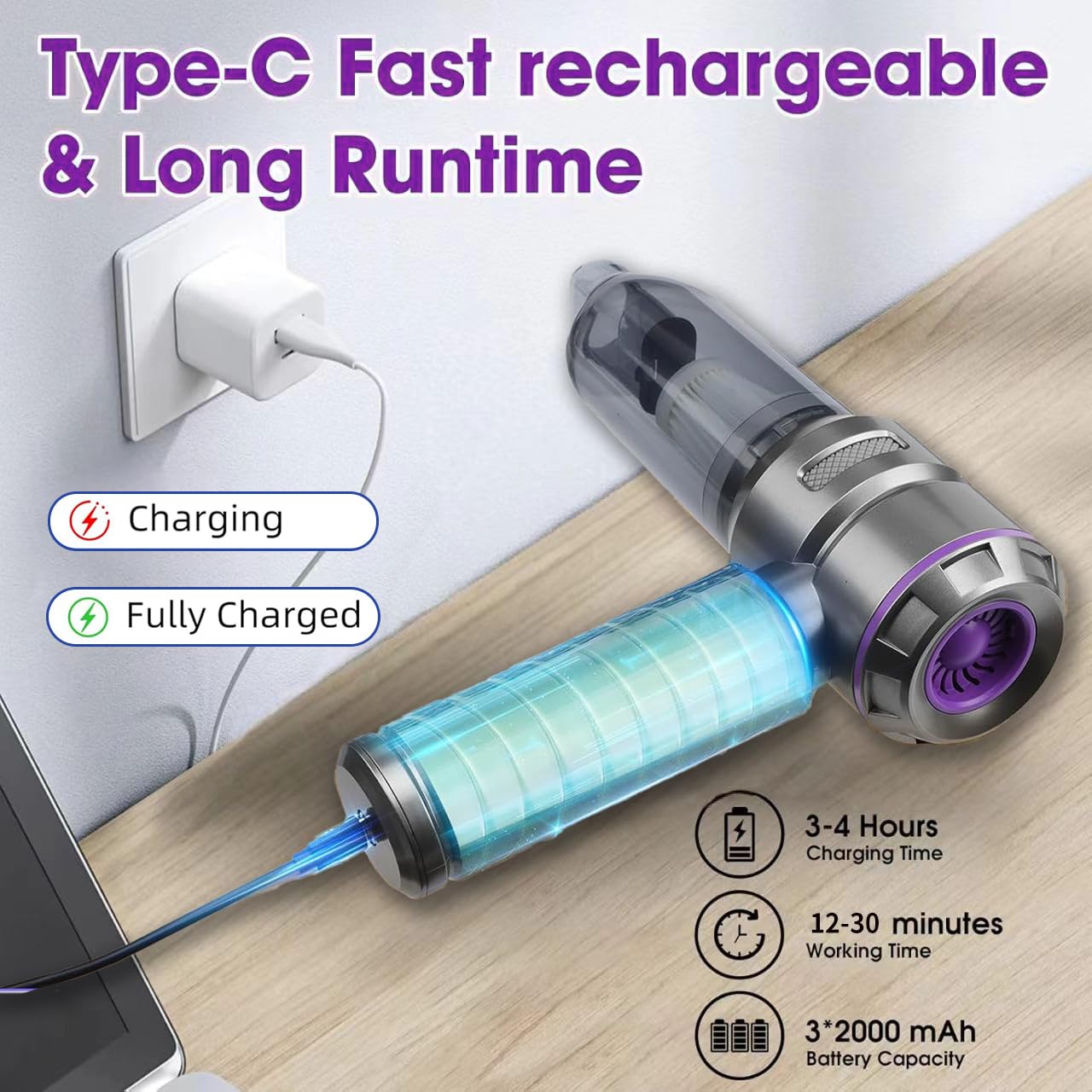 ZStarlite Handstaubsauger,Handstaubsauger Akku,16000Pa 4-in-1 Leistungsstarker Kabelloser Autostaubsauger,3-Gang Mini Handstaubsauger, 120W USB Wiederaufladbar 6000mAh,für Auto,Haus,Büro,Tierhaare