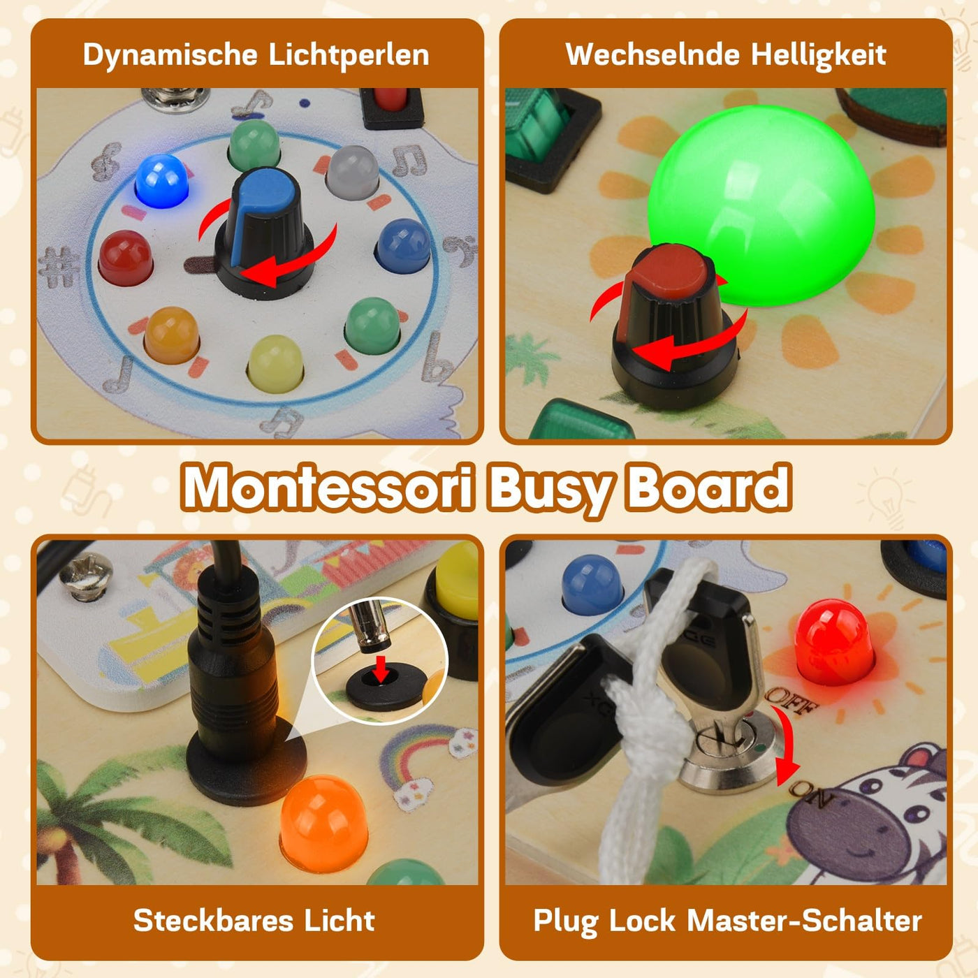 MILFECH Montessori Spielzeug Busy Board mit LED Lichtschalter Activity Board Holzspielzeug,17 LED Motorikspielzeug Sensorik Spielzeug Lernspielzeug für Babys Kleinkinder Jungen Mädchen ab 1 2 3 4 Jahr
