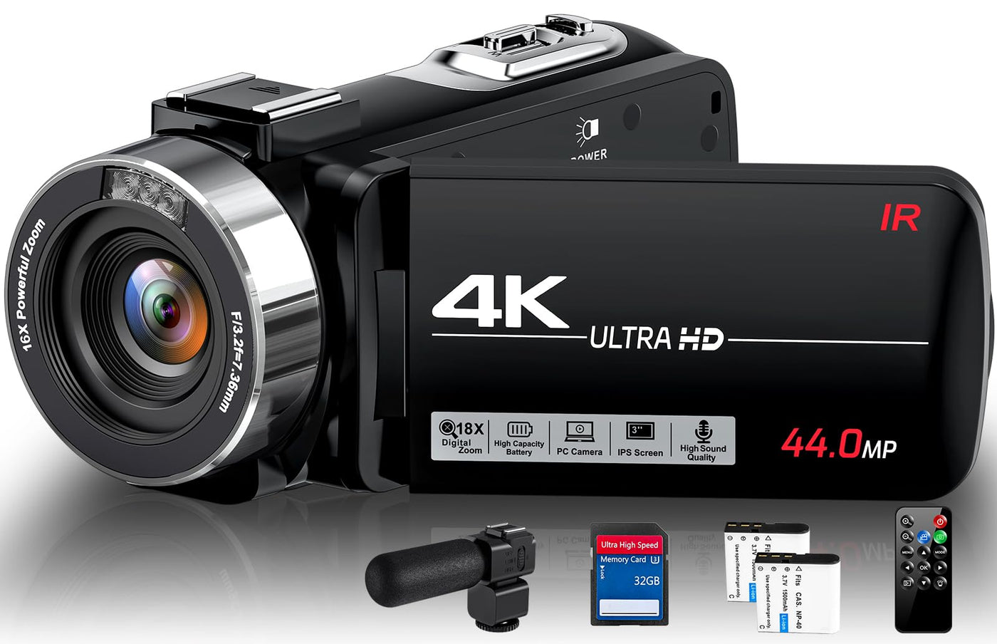 Videokamera Camcorder 4K, 44MP Vlogging Camera für YouTube, 18X Digitaler Zoom 3,0-Zoll-IPS-Bildschirm Kamera, IR Nachtsicht Webcam Videokamera mit Mikrofon, Fernbedienung, 2 Akkus und 32GB SD Karte