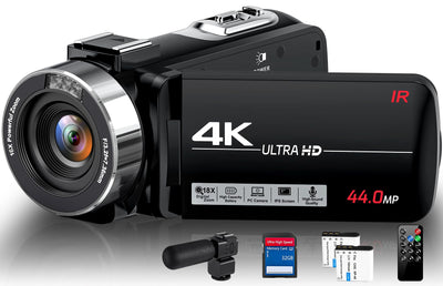 Videokamera Camcorder 4K, 44MP Vlogging Camera für YouTube, 18X Digitaler Zoom 3,0-Zoll-IPS-Bildschirm Kamera, IR Nachtsicht Webcam Videokamera mit Mikrofon, Fernbedienung, 2 Akkus und 32GB SD Karte