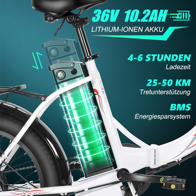 ANCHEER Klapprad E-Bike, 20"*3.0 Elektrofahrrad mit 36V 10.2Ah Lithium-Akku für Lange Reichweite bis 100KM, 250W Motor, 7 Gang für Herren Damen