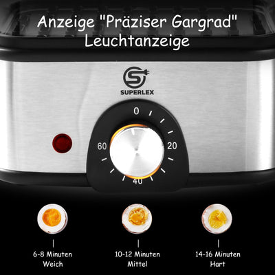 SUPERLEX 2-Schicht Eierkocher Edelstahl für bis zu 16 Eier, elektrischer Dampfgarer, mit Zeiteinstellung zur Härteeinstellung, 60-Min Timer, automatische Abschaltung zum Überhitzungsschutz, BPA-frei