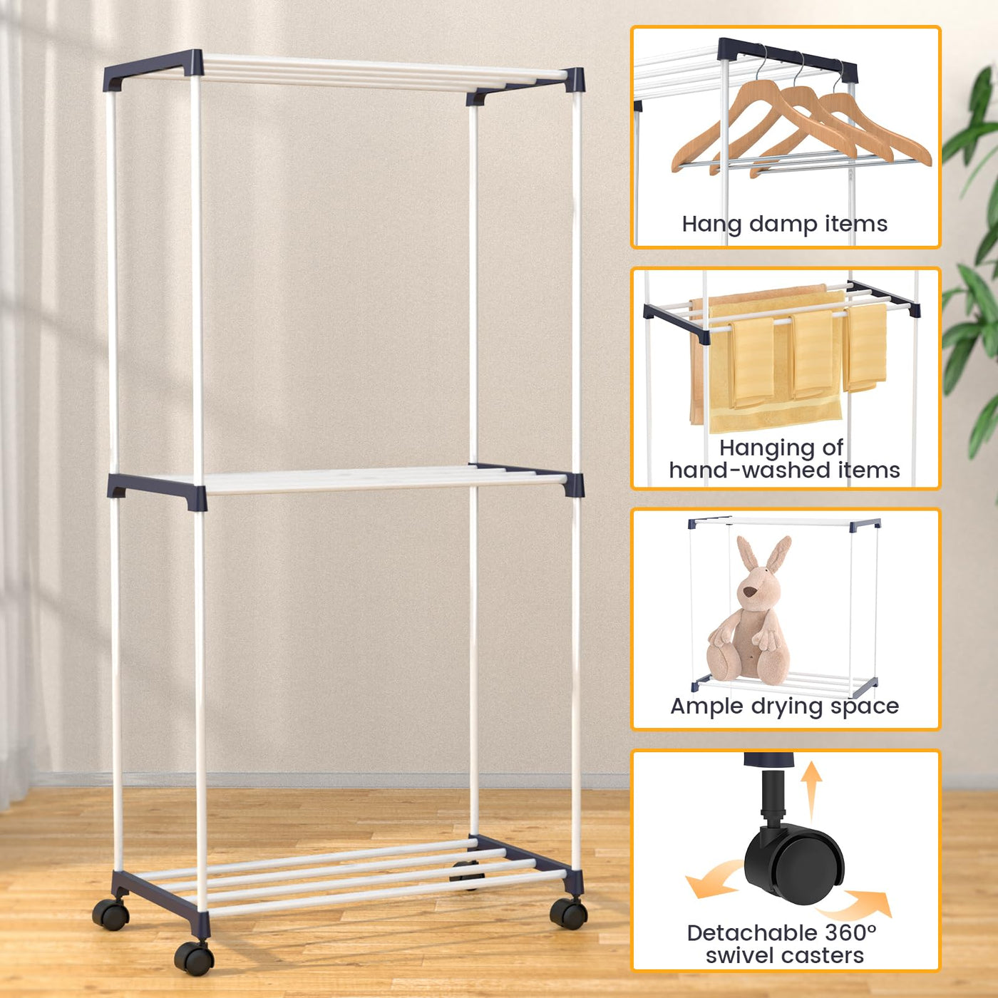 johgee Kleines Wäscheständer, Freistehender Handtuchhalter, Platzsparender Wäschetrockner Turm mit Rollen, Indoor-Trockenständer für Bäder, Wohnungen und Waschküchen 3 Ebenen