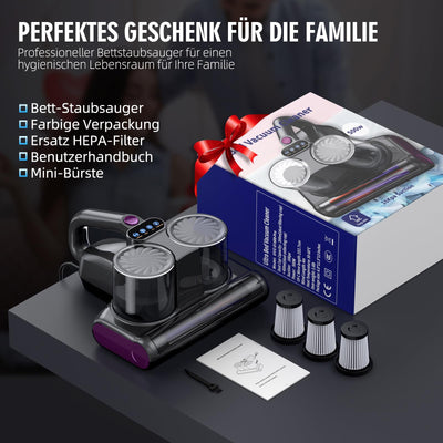 JPHYLL Milbensauger für Matratzen Milbenstaubsauger 16Kpa Saugkraft 253.7nm UV-C Licht Bettstaubsauger mit 3 HEPA Filter Ultraschall Hitze Bürstenrolle Technologien