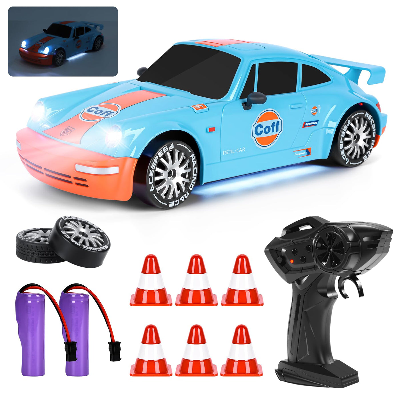 BuzzoXerex 1:20 RC Drift Car, 4WD Drift Auto Ferngesteuert, 15km/h RC Drift Auto, Mini Drift Car mit Unterbodenlicht und Straßensperren, Tabletop Drift RC Car für Kinder ab 8+ Jahre (Blau)