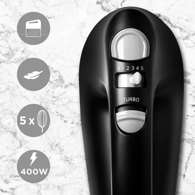 Duronic HM4 BK Handrührer, Mixer mit Rührbesen, Knethaken und Schneebesen, Handmixer mit Aufbewahrungsbox, 400W Handrührgerät, 5 Geschwindigkeitsstufen und Turbo, Kuchen mit Eiercreme-Food-Beater