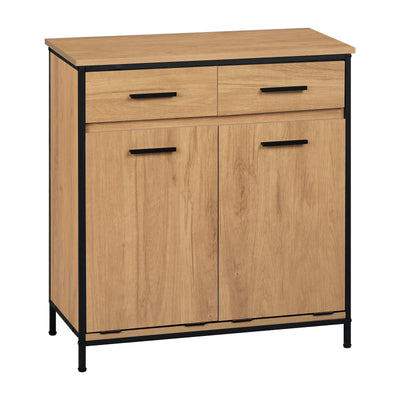 EUGAD Badezimmerschrank mit 2 faltbaren Wäschesäcken, Wäscheschrank mit 2 Schubladen, Wäschesammler Wäschekorb, Badschrank Badmöbel mit Metallrahmen, helle Eiche + Schwarz, 72,5x80x34 cm