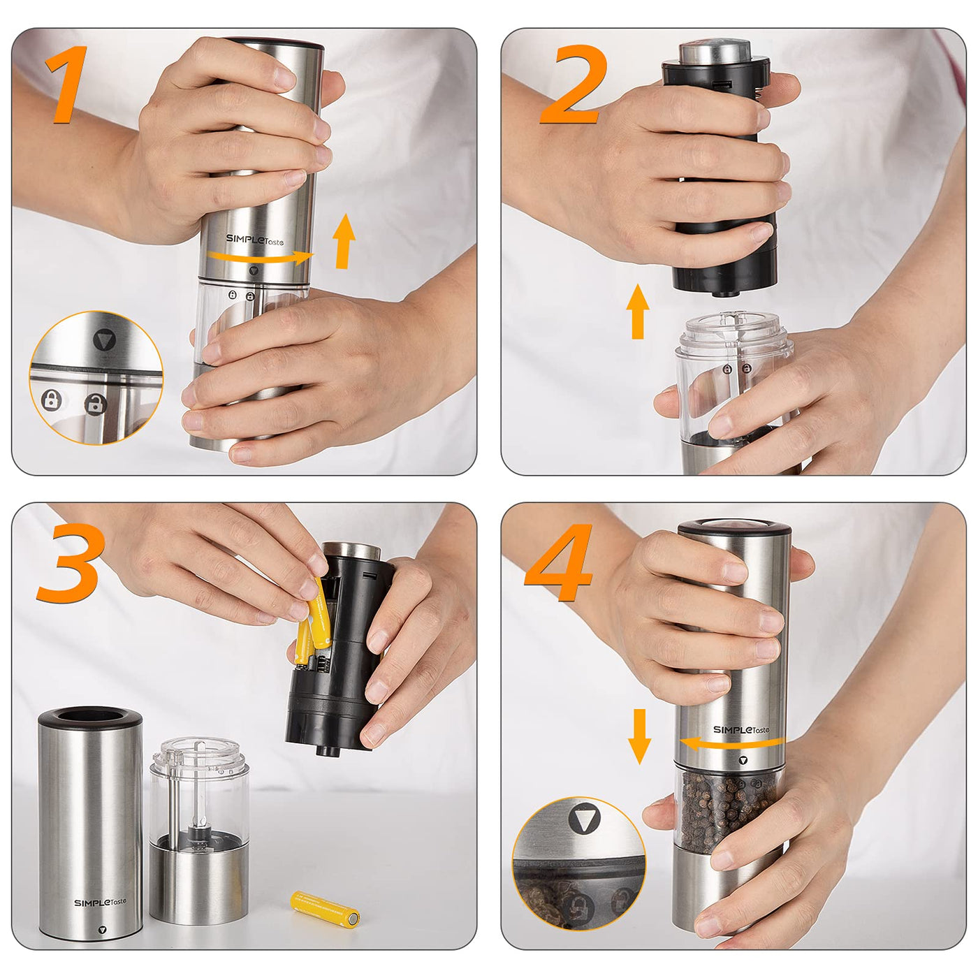 SIMPLETASTE Elektrische Pfeffermühle Salzmühle, mit Verstellbarem Keramikmahlwerk 2er Set Gewürzmühle aus Edelstahl Batteriebetrieben mit LED