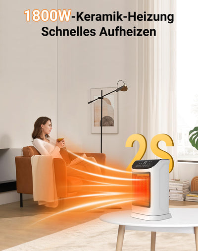 Primevolve Heizlüfter Energiesparender-1800W PTC Keramik Heizlüfter mit Oszillation, 12 Stunden-Timer, Fernbedienung, 4 Heizmodi, Thermostat - Leises