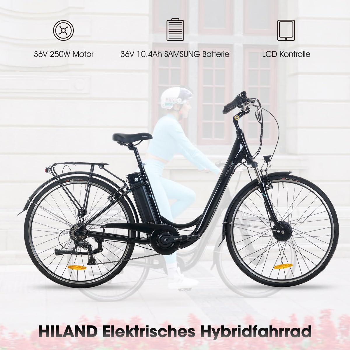 HILAND 28 Zoll Elektrofahrrad, 7-Gang E-Citybike mit 10.4Ah 250W Alu-Rahmen, 700c Elektrofahrrad mit Gepäckträger, E-Fahrrad für Männer Frauen, Schwarz