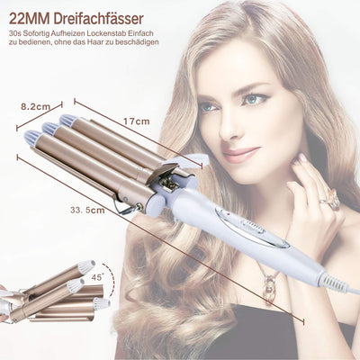 3 Fässer welleneisen, TOP4EVER lockenstab mit 3 stäben mit einstellbarer Temperatur, Welleisen Schnelle Heizung Große Welle für Lange/kurze Haare, Haar Styling Werkzeug 22mm