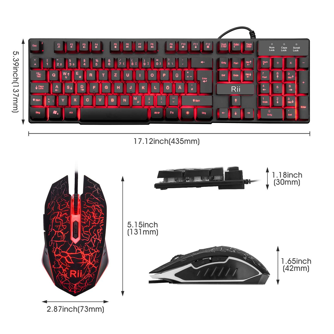 Rii Gaming Tastatur und Maus Set, 3 LED Hintergrundbeleuchtung, ideal für Gaming und Büro, kompatibel mit PC (DE-Layout, Schwarz)