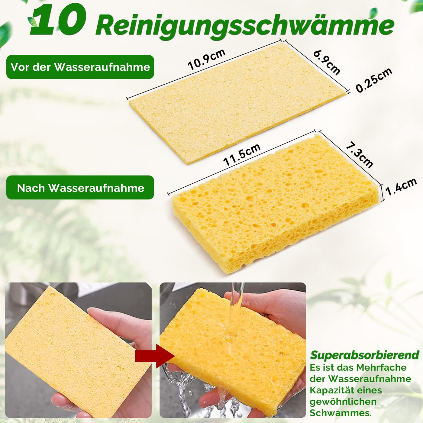 10 Stück Putzschwamm - 100 % natürliche Zellulose Küchenschwamm kratzfest wiederverwendbar komprimiert Reinigungsschwämme für Küche und Bad (Gelb)