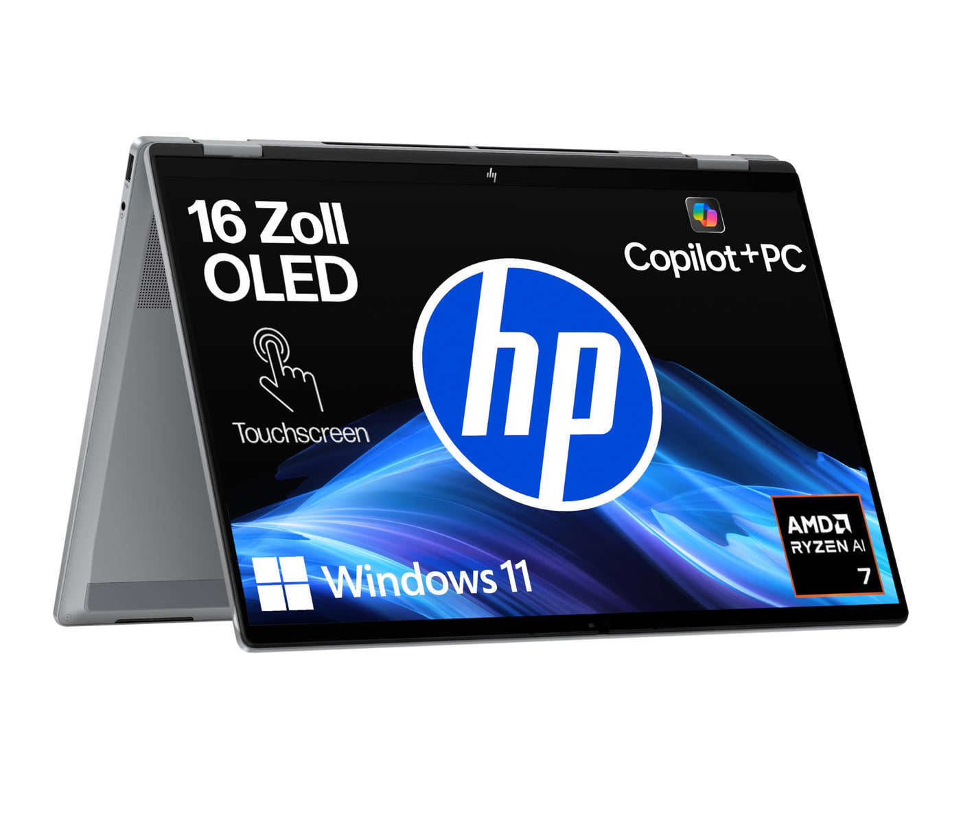 HP OmniBook X Flip 2in1 Next Gen AI Laptop | AMD Ryzen AI 7 350 (8C) | dedizierte NPU für KI | 50NPU Tops | Copilot+ PC | 16" 3K 2880x1800 OLED-Touchscreen | 16GB | 1TB SSD | Win11 | QWERTZ | Silber