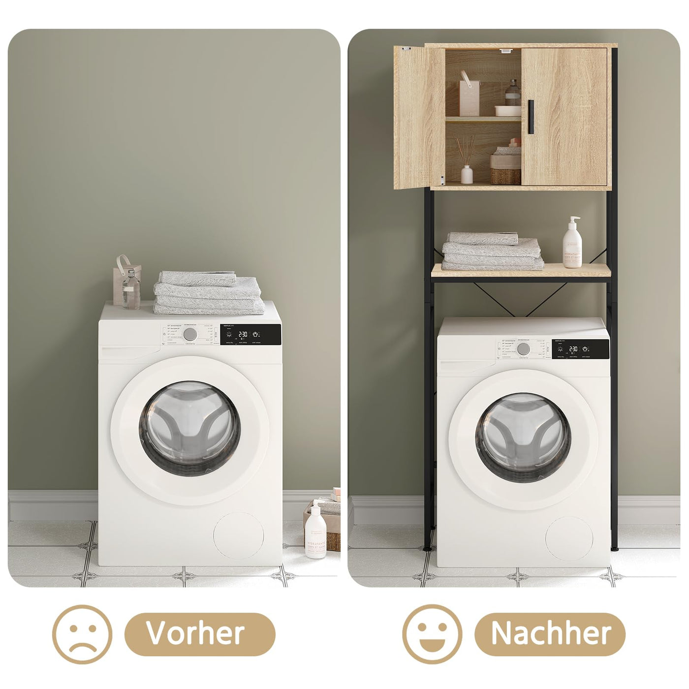 EUGAD Waschmaschinenschrank, Waschmaschinenregal Regal über Waschmaschine Toilette, Toilettenregal mit Schrank Verstellbarer Ablage, Badregal aus Holzwerkstoff Metall, 64,5x170x27 cm