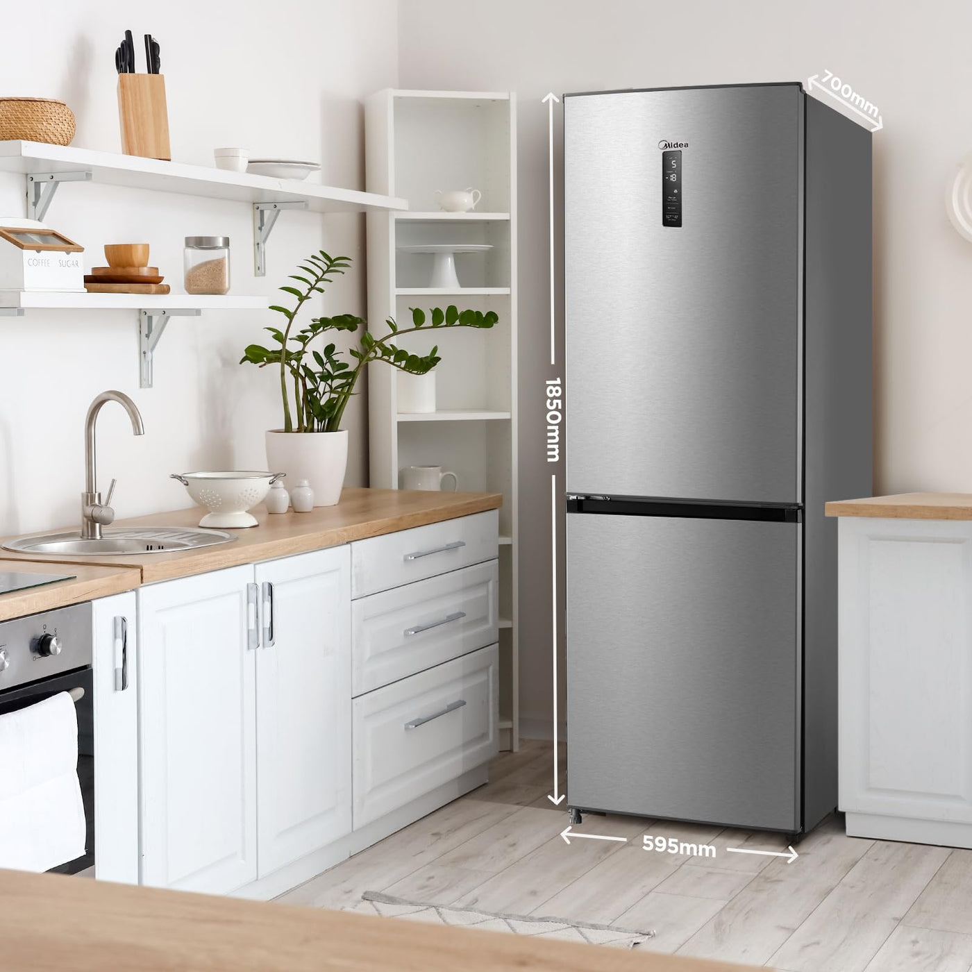 Midea MERB345MGC02 Kühl-/Gefrierkombination/No Frost/185 cm hoch / 59,5 cm breit /70 cm tiefe/171 kWh/Jahr/216 L Kühlteil/ 122 L Gefrierteil/Twin Control/mit Chiller Box, Front Inox