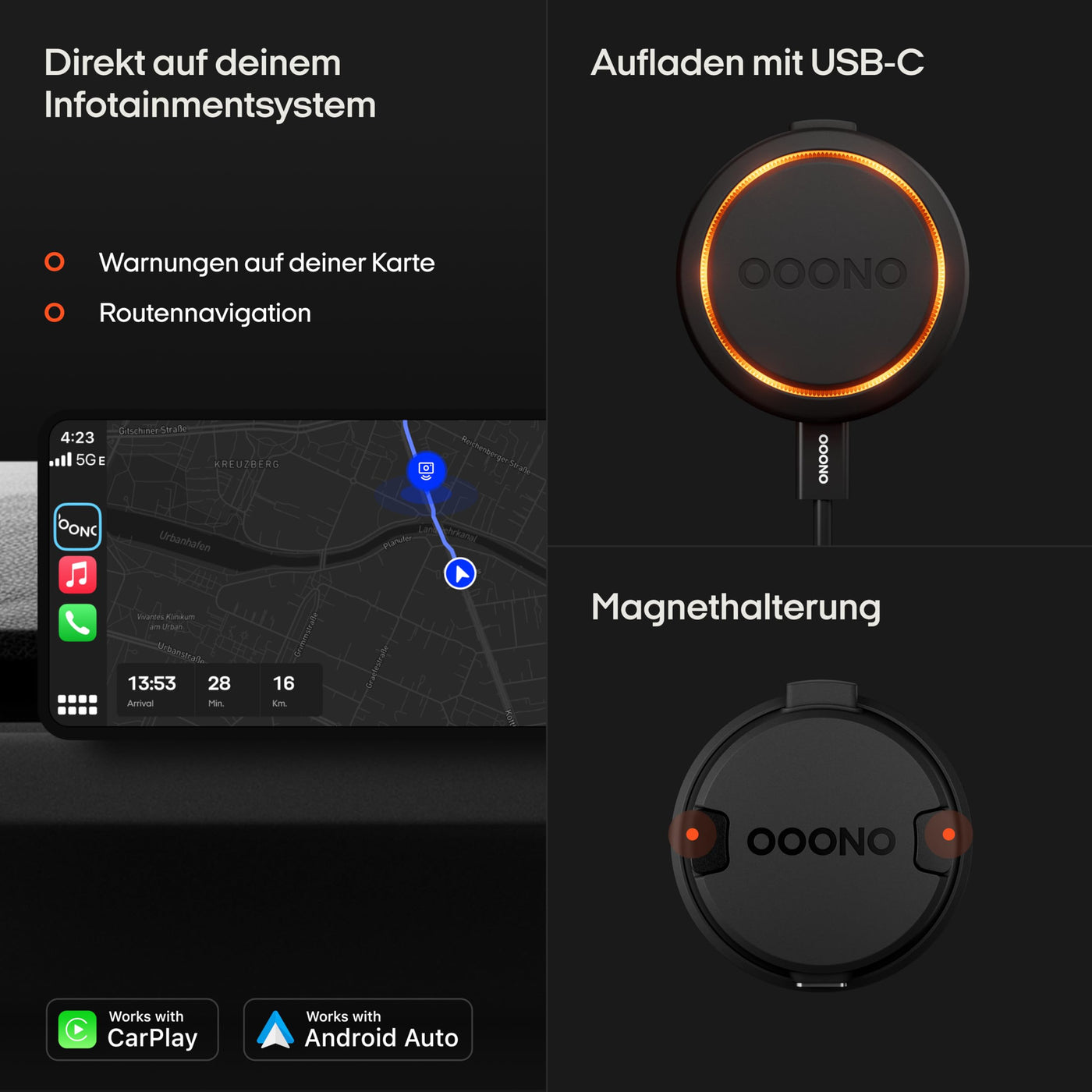 OOONO CO-Driver NO2 [NEUES Modell 2024] - Optimierter CO-Driver fürs Auto - Warnt vor Blitzern und Gefahrenstellen - Wiederaufladbar - LED-Anzeige - CarPlay & Android Auto kompatibel, Normal