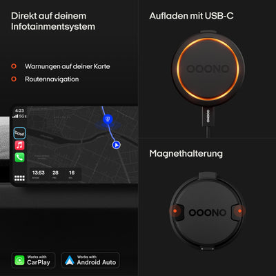 OOONO CO-Driver NO2 [NEUES Modell 2024] - Optimierter CO-Driver fürs Auto - Warnt vor Blitzern und Gefahrenstellen - Wiederaufladbar - LED-Anzeige - CarPlay & Android Auto kompatibel, Normal