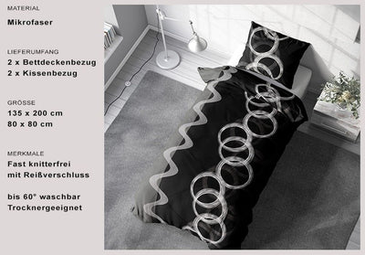 Leonado Vicenti Bettwäsche 135 x 200 cm 80 x 80 cm Mikrofaser 4 TLG Schwarz Weiß Grau Kreise Knitterfrei Pflegeleicht Unisex