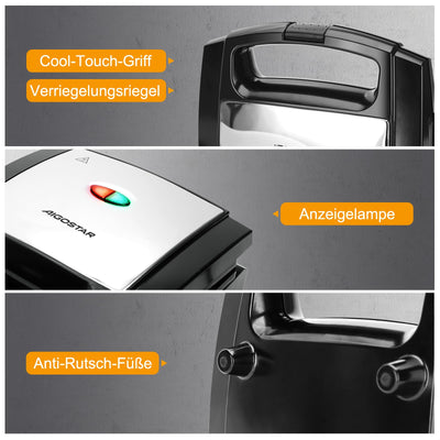 Aigostar Sandwichmaker für Dreieckige Sandwichtoasts, 800 W mit Antihaftbeschichtung, Doppelseitiges Backen bei Konstanter Temperatur, Vertikale Lagerung, Rutschfeste Füße, BPA-frei