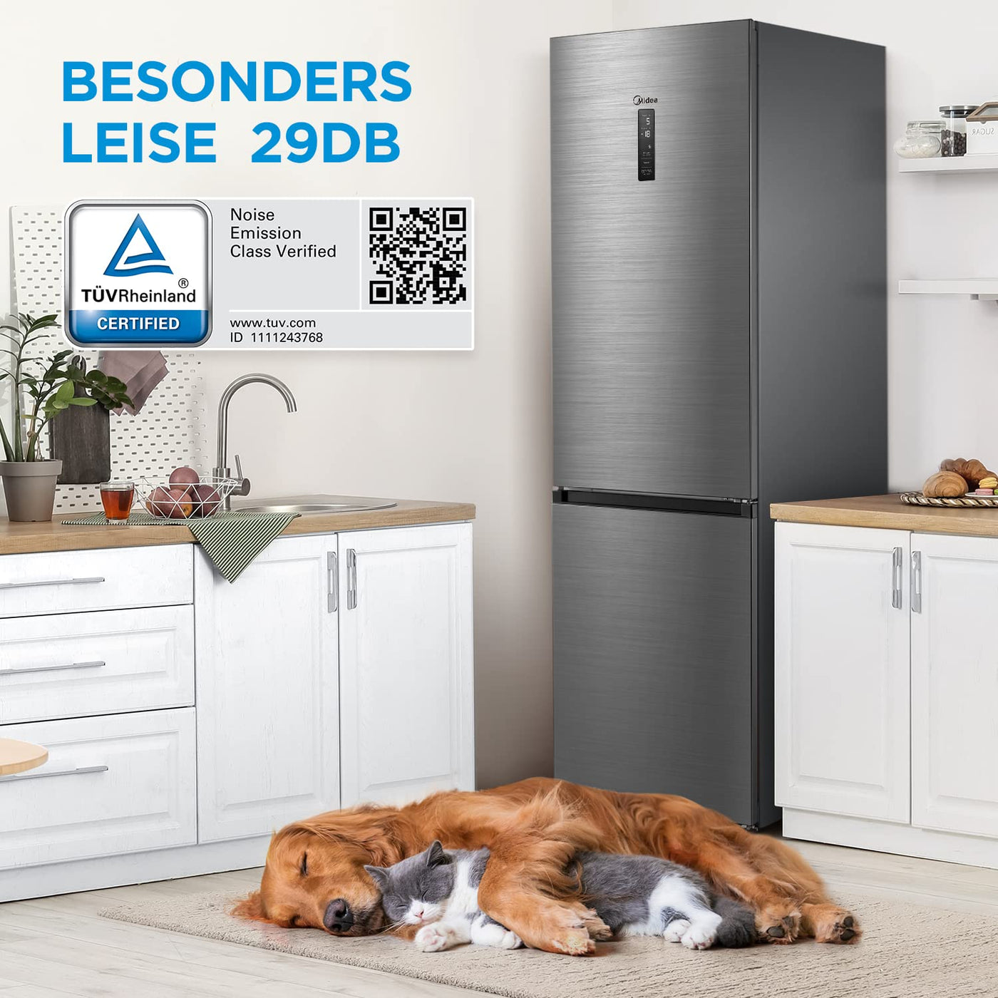 Midea MDRB521MGA46O Kühl-/Gefrierkombination/NoFrost/Besonders leise 29dB/Inverter Kompressor/Niedrigtemperaturzone/180° Verstellbare Gefrierfach-Schublade/201 cm hoch/256 L Kühlteil/122 L Gefrierteil