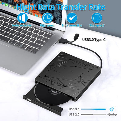 LMEN Externes CD DVD Laufwerk Extern mit USB 3.0 DVD für Laptop PC Computer Tragbar Externes DVD Laufwerk CD-ROM Brenner Extern mit niedrigem Lärm für Windows 11/10/7/8/XP Mac MacBook