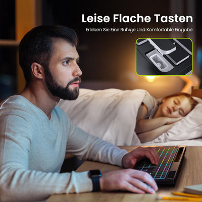 TECURS Gaming Tastatur Kabellos-Leise, Ergonomisch, 2 in 1 USB A/C, Multimedia-Tasten, Handy Halter, Kabellose Tastatur Beleuchtet Wireless für PC/Windows/Mac, QWERTZ Deutsche Layout(Schwarz)