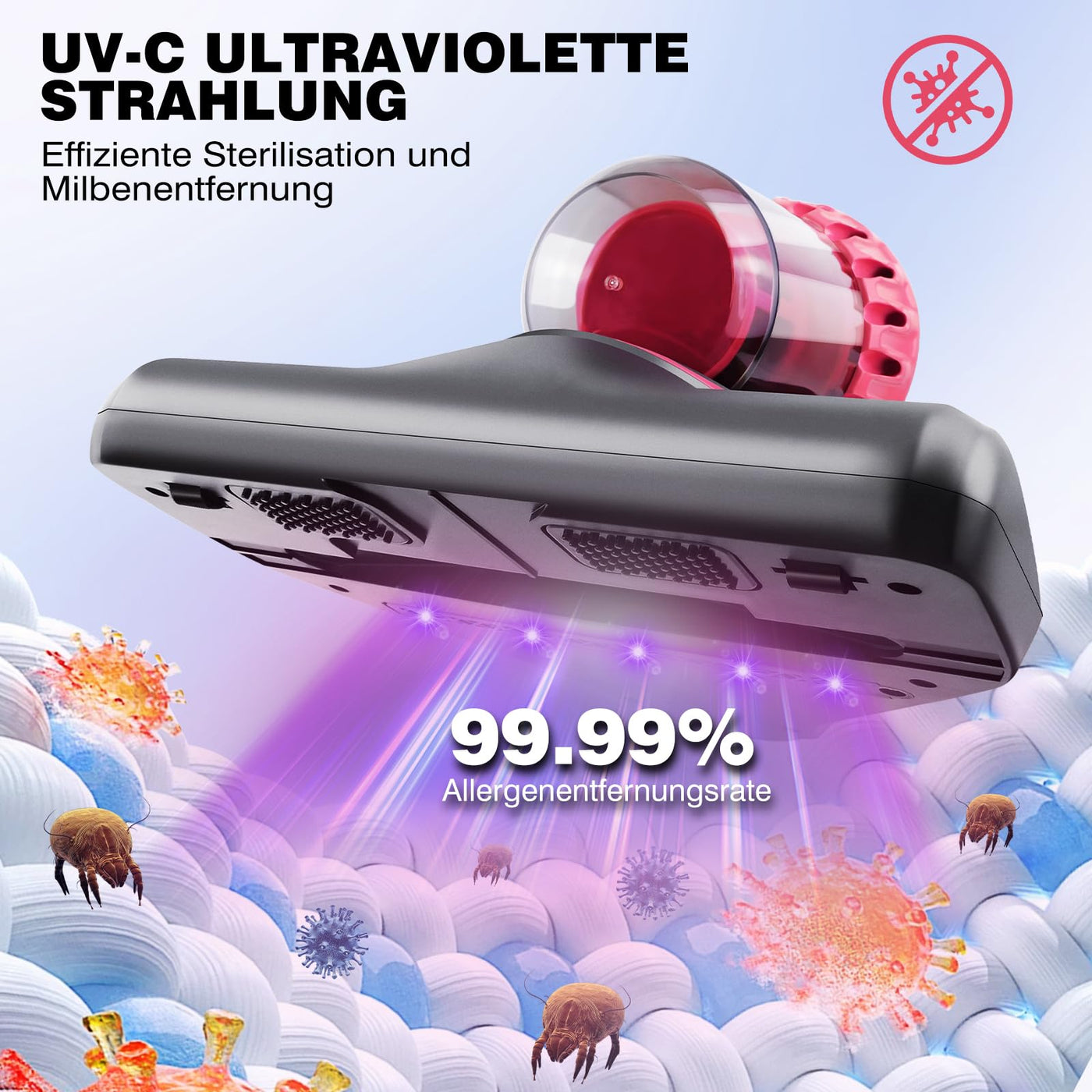 VickyHome 10KPA Wischsauger Kabellos Mit 1500mAh Akku, 3-Gang Wischsauger Staubsauger Auto Akkusauger Kabellos Milbensauger Für Matratzen, Entfernt 99,9% Allergene Von Matratzen