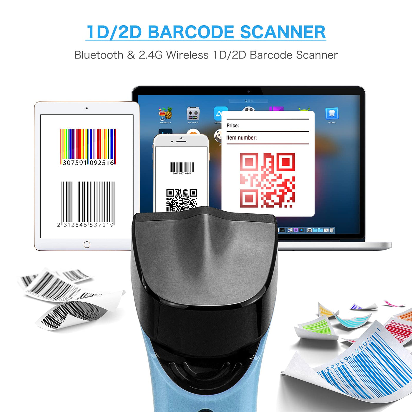 NETUM Bluetooth Wireless 2D Barcode Scanner Automatischer, freihändiger Barcodeleser mit Ladestation und integriertem Speicher, schnelles und präzises Scannen, Übertragungen bis zu 50 Meter - DS7500