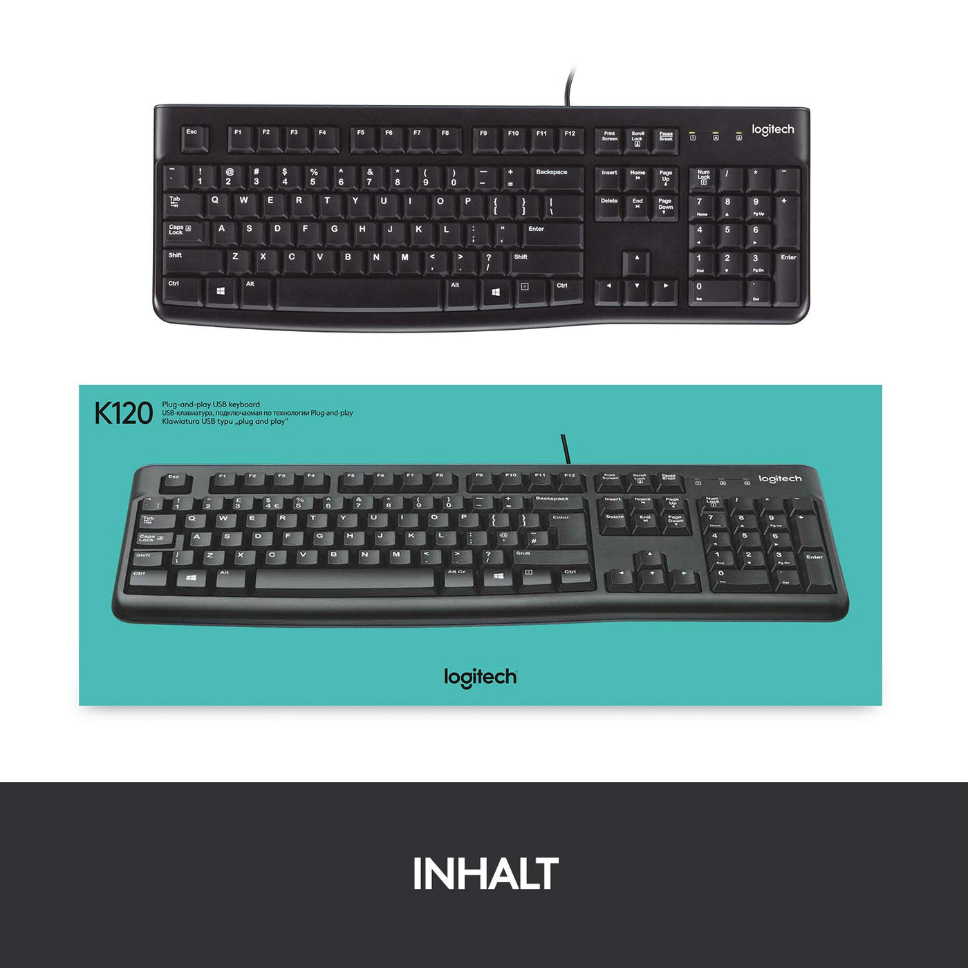 Logitech K120 Kabelgebundene Business Tastatur für Windows und Linux, USB-Anschluss, Leises Tippen, Robust, Spritzwassergeschützt, Tastaturaufsteller, Deutsches QWERTZ-Layout - Schwarz