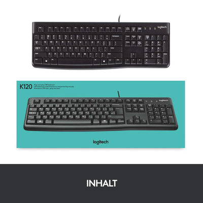Logitech K120 Kabelgebundene Business Tastatur für Windows und Linux, USB-Anschluss, Leises Tippen, Robust, Spritzwassergeschützt, Tastaturaufsteller, Deutsches QWERTZ-Layout - Schwarz