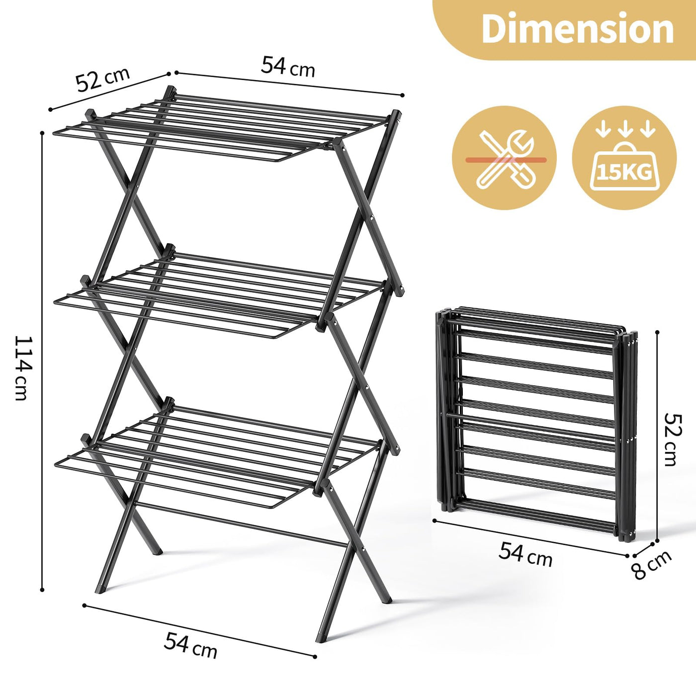 SYKIARIOL Klappbarer Wäscheständer - Mehrstöckiger, Faltbarer Wäschehänger aus Stahl für Großzügiges und Bequemes Trocknungserlebnis in Schwarz