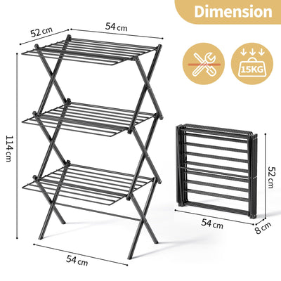 SYKIARIOL Klappbarer Wäscheständer - Mehrstöckiger, Faltbarer Wäschehänger aus Stahl für Großzügiges und Bequemes Trocknungserlebnis in Schwarz