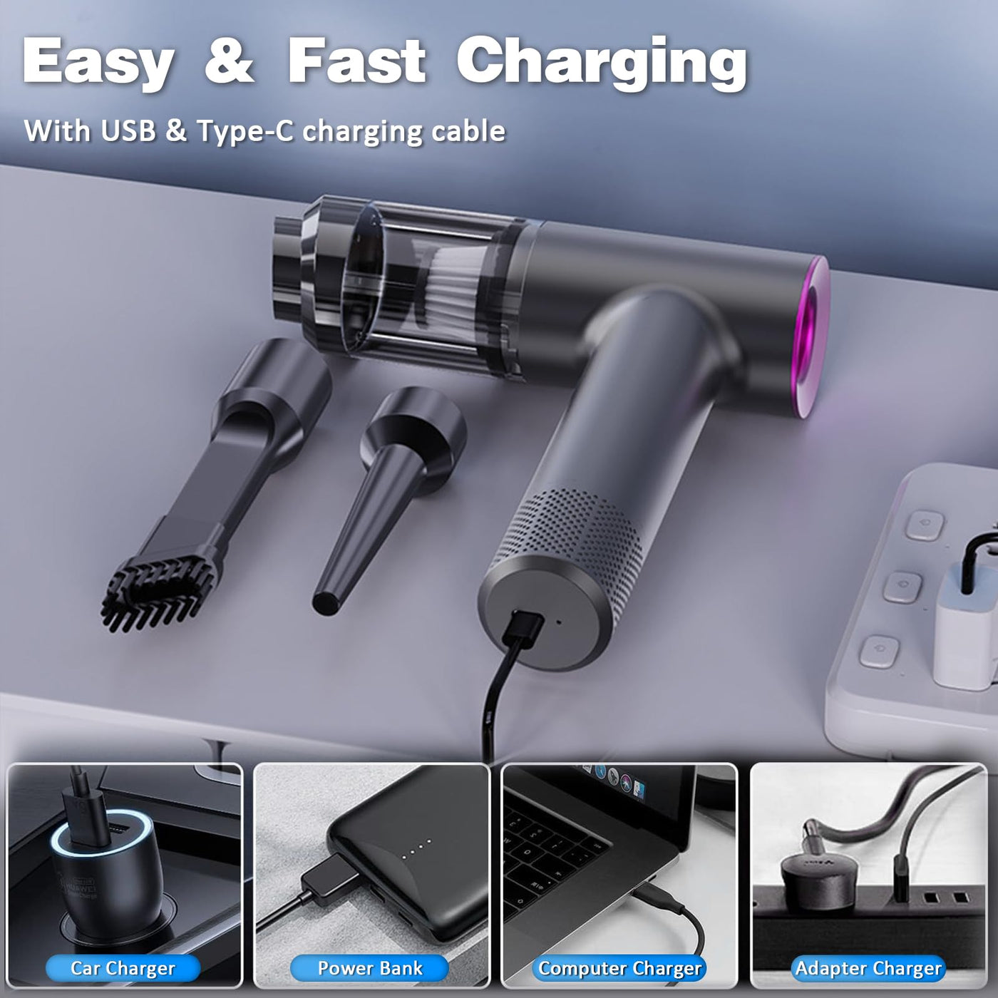 D-Lumina Handstaubsauger，15000PA kabelloser Handstaubsauger Akku mit USB-C Schnellladung，Auto Staubsauger Stark Waschbar mit HEPA-Filter， Hand Vacuum Cleaner für Auto/Haus/Haustiere