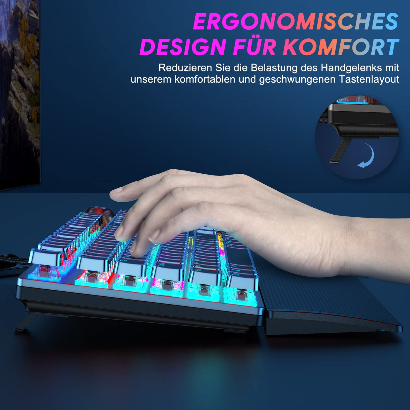 TECURS Mechanische Gaming Tastatur - QWERTZ Mechanical Keyboard mit Magnetische Handgelenkauflage, Multimedia-Tasten, 105 Tasten Kabelgebundene Rote Schalter Tastatur für PC/PS5/PS4, 19 LED Modi