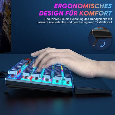 TECURS Mechanische Gaming Tastatur - QWERTZ Mechanical Keyboard mit Magnetische Handgelenkauflage, Multimedia-Tasten, 105 Tasten Kabelgebundene Rote Schalter Tastatur für PC/PS5/PS4, 19 LED Modi
