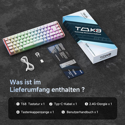 TMKB T68 Gaming Tastatur,60% Kabellos Mechanische RGB Tastatur mit Bluetooth/2.4G/Typ-C,Compact 68 Tasten Anti-Ghosting,Deutsches QWERTZ Layout,Blue Clicky Switch,weiße