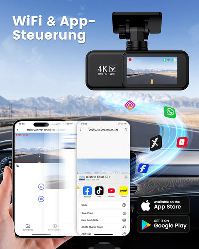 Dashcam Auto 4K+1080P SIGRILL Dashcam Auto Vorne Hinten, WiFi Dash Cam APP Steuerung, kostenlose 64-GB-Karte, Ultra Nachtsicht Daschcam, 24H Parkmodus, G-Sensor, Loop-Aufnahme, Max 256GB