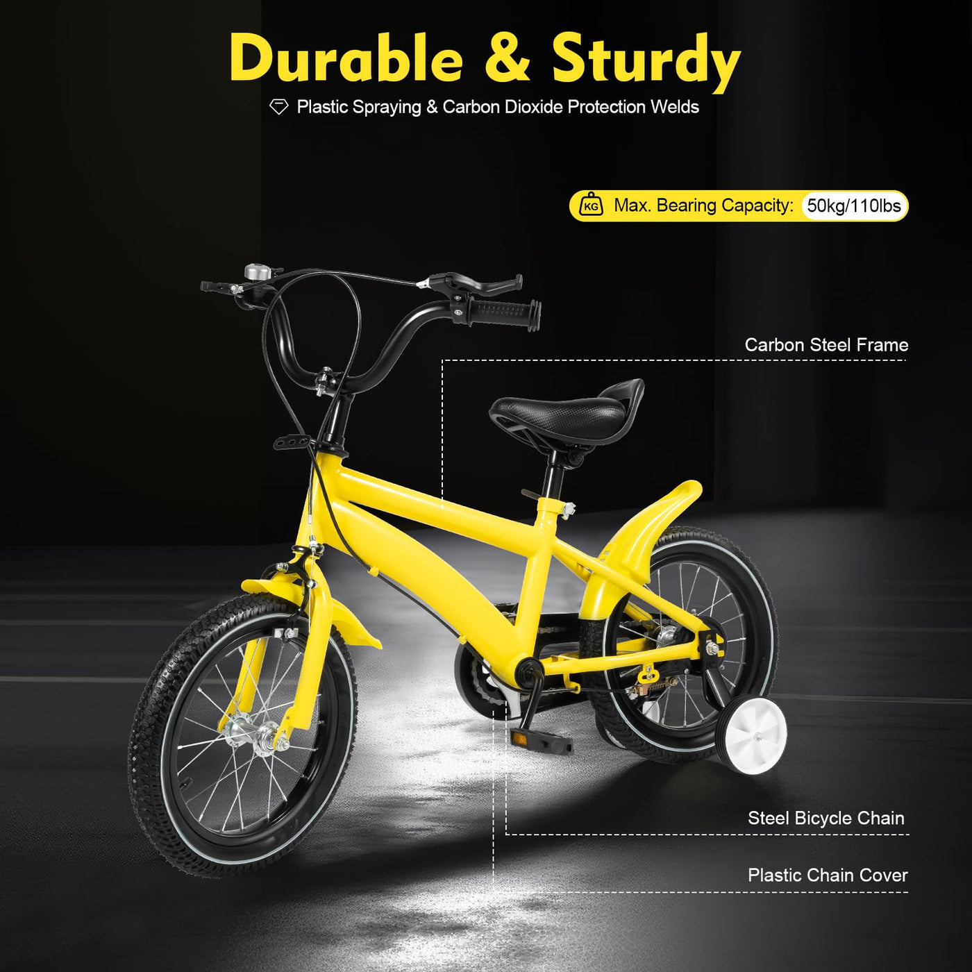 WAPHOERTE 14-Zoll-Kinderfahrrad Anfängerfahrrad mit Stützrädern, Trainingsfahrzeug für 2-4-Jährige Jungen und Mädchen, Höhenverstellbar, Maximal zulässiges Gewicht 50 kg, Gelb + Schwarz