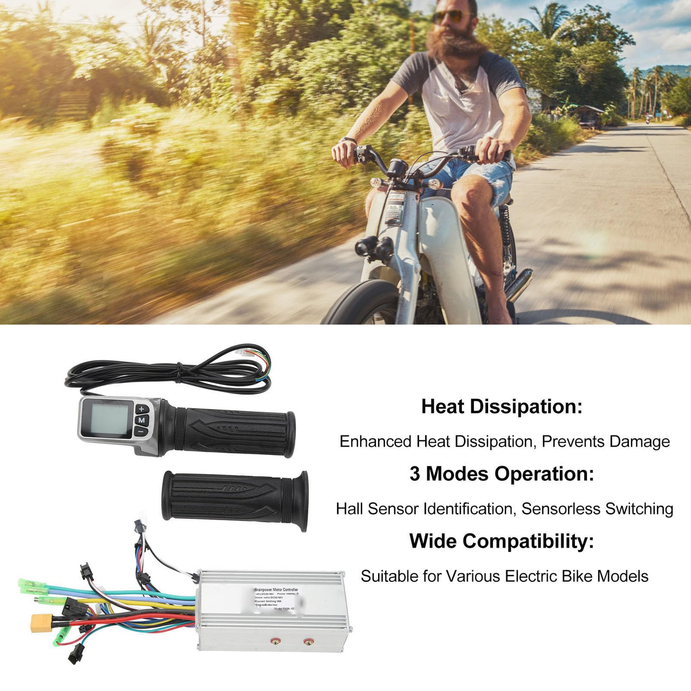 BuyWeek Elektrofahrrad Brushless Motor Controller Kit, 36V 48V 1000W 38A Sinuswelle Controller 124DX Drehgasgriff mit LCD Panel für Elektrofahrräder