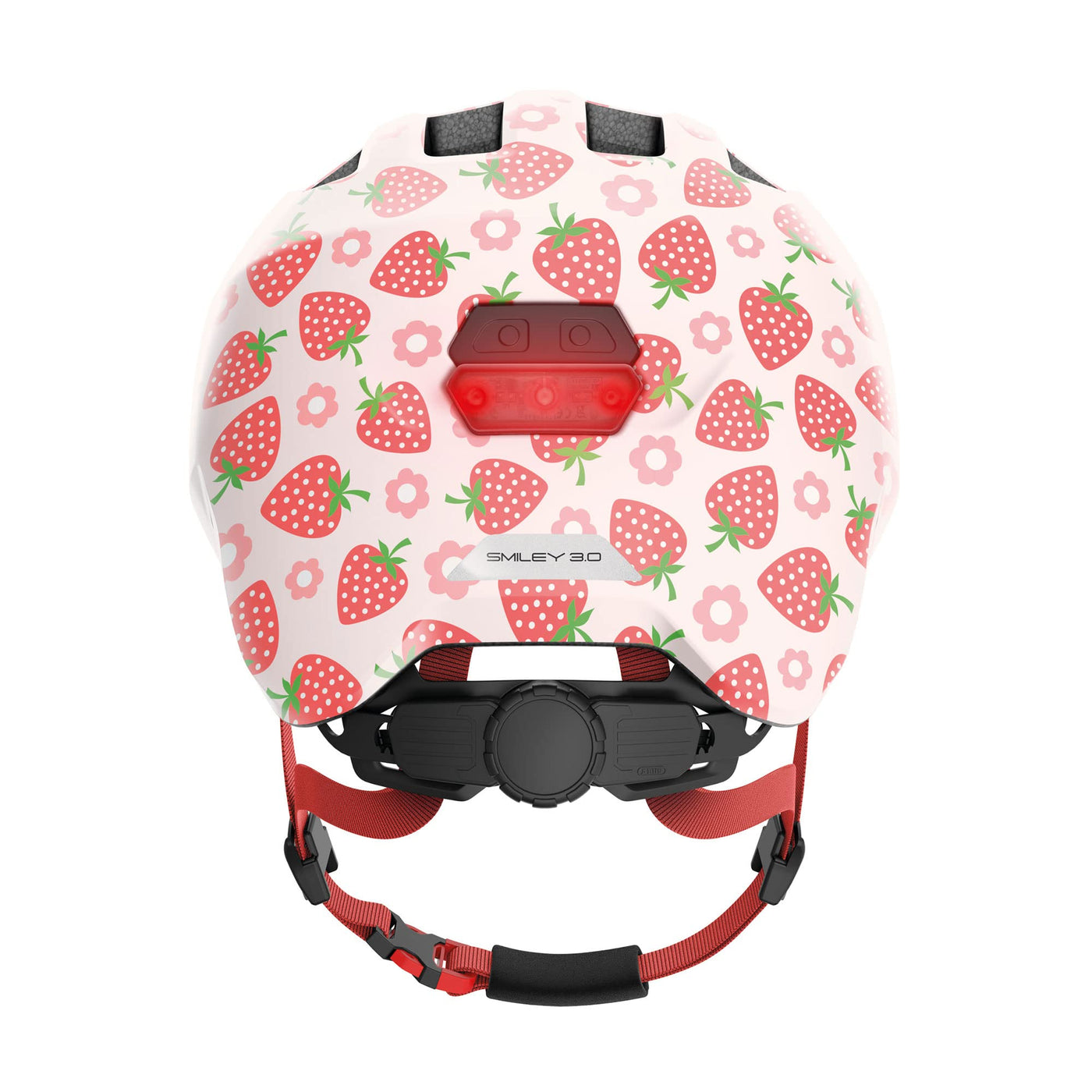 ABUS Kinderhelm Smiley 3.0 LED - Fahrradhelm mit Licht - tiefe Passform & Platz für einen Zopf - für Mädchen und Jungs - Rosa mit Erdbeer-Muster, Größe M