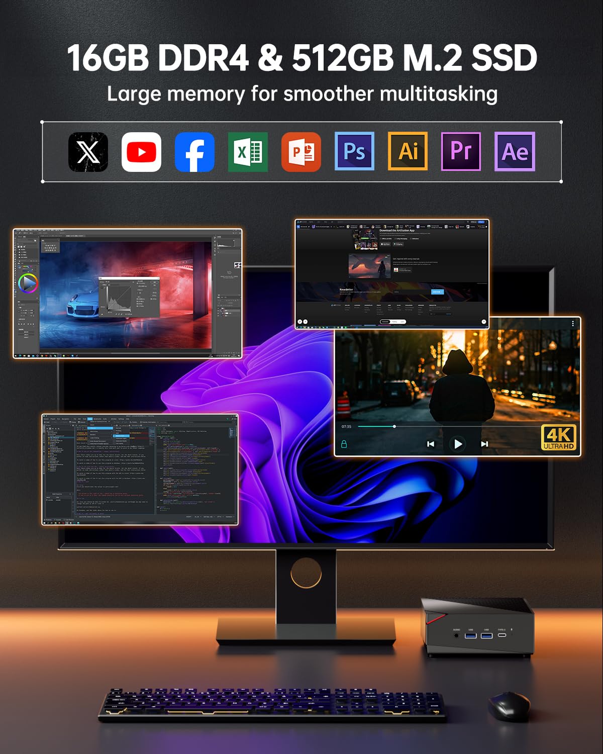 NiPoGi AM06 PRO Mini PC АMD Ryzen 7 5825U(8C/16T, bis zu 4,5 GHz), 16GB DDR4 512GB M.2 SSD Mini Desktop Computer WiFi 6, Dual LAN, DP/HDMI 2.0/Type-C 4K Triple Display Mini-PC mit VESA für Schule/Büro