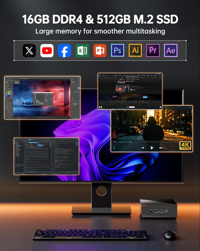 NiPoGi AM06 PRO Mini PC АMD Ryzen 7 5825U(8C/16T, bis zu 4,5 GHz), 16GB DDR4 512GB M.2 SSD Mini Desktop Computer WiFi 6, Dual LAN, DP/HDMI 2.0/Type-C 4K Triple Display Mini-PC mit VESA für Schule/Büro