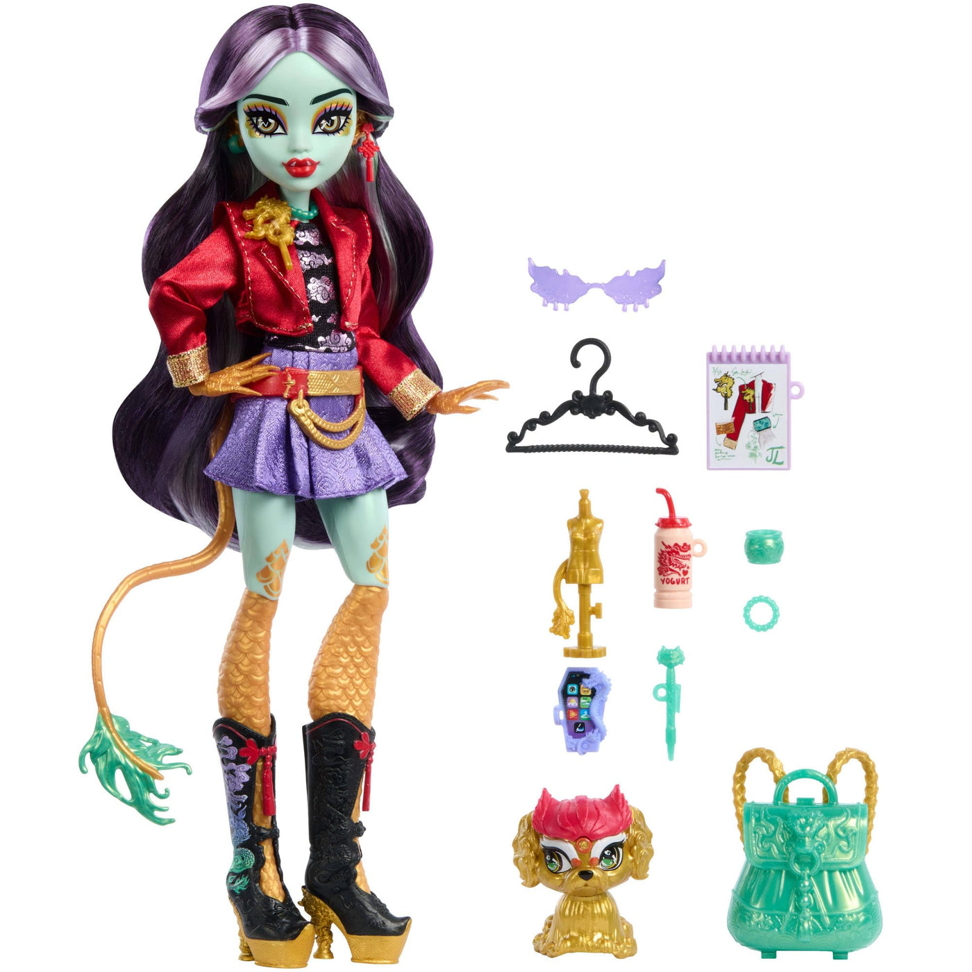 Monster High-Puppe Jinafire Long, Drachenmädchen mit Haustierhund Cloudy Yun Yun“ und 7 Accessoires wie einem Zeichen-Pad, einem Joghurt-Getränk, einem Rucksack und vielem mehr, HYV58